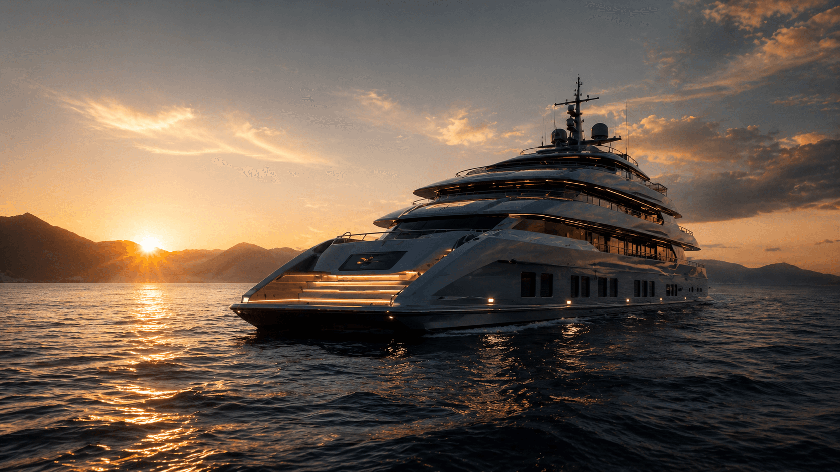 Luxury superyacht at dusk on open water