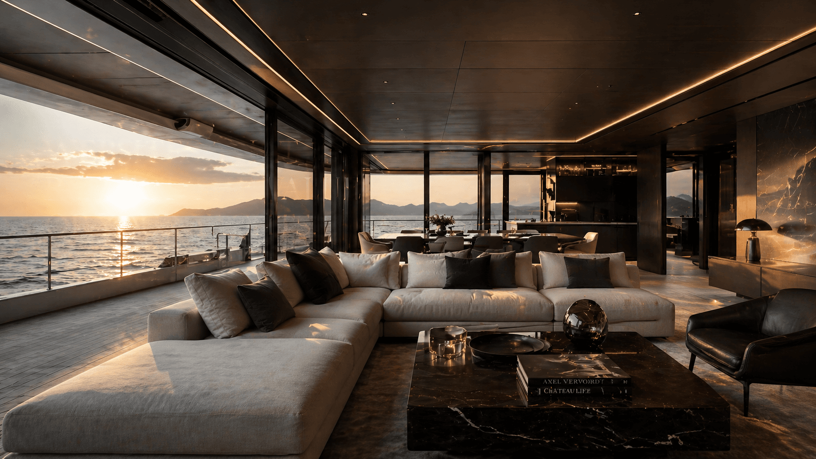 Refined yacht interior overlooking the ocean